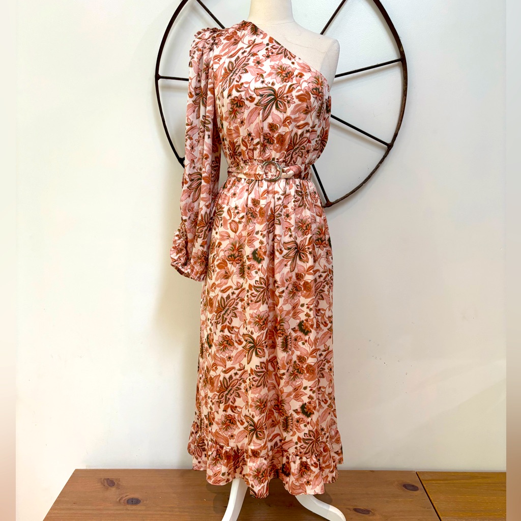 En Saison Pink Floral One Shoulder Belted Maxi Dress L Nwt $132